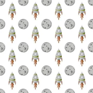Whimsical baby space pattern featuring rockets and moons in watercolor styl.. Stock Illustration