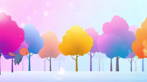 A Whimsical Bird's Flight Through a Forest of Candy-Colored Trees: A Pastel Dre Stock Footage 307470081