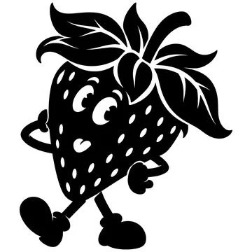 A whimsical black and white vector illustration of a happy cartoon strawber.. Stock Illustration