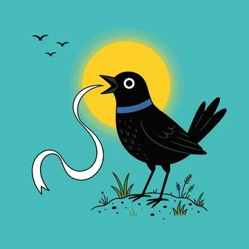 Whimsical black bird with blue collar catching white snake at sunset, illus.. Ilustração Stock