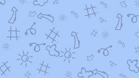 Whimsical Blue Doodle Pattern Background with Arrows, Clouds, and Suns. Stock Illustration