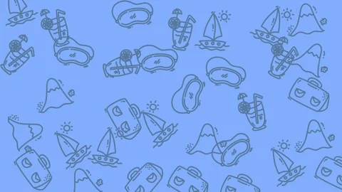Whimsical Blue Summer Pattern - Boats, Mountains, and Radios. Stock Footage 321854160