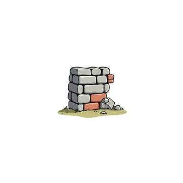 Whimsical brick structure illustration hinting at decay, with a stone besid.. Stock Illustration