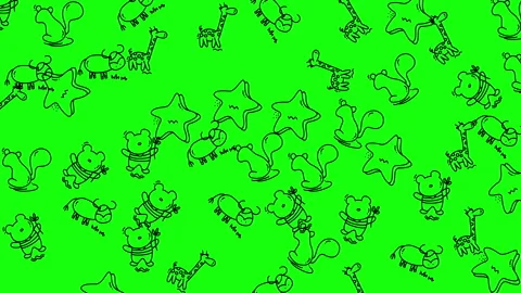 Whimsical Cartoon Animal Pattern Scrolling and Repeating on Vibrant Green Backgr Stock Footage 320180284