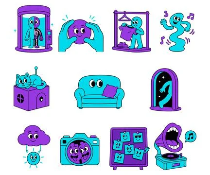 Whimsical Cartoon Characters and Objects Stockillustratie