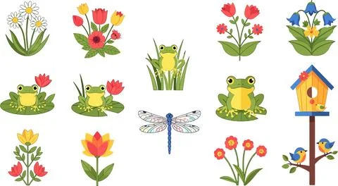 Whimsical cartoon elements including flowers, green frogs, birds, and a drago Stock Illustration