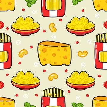 Whimsical cartoon pattern of pasta, cheese, and tomatoes Stock Illustration