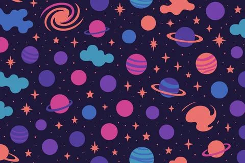 Whimsical cartoon space pattern with planets stars and clouds イラスト素材