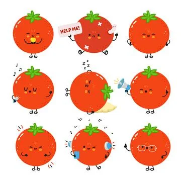 Whimsical cartoon tomatoes expressing different emotions with a playful, fu.. Stock Illustration
