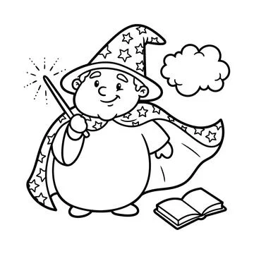 Whimsical cartoon wizard with a pointed hat adorned with stars and a matchi.. Illustrazione stock