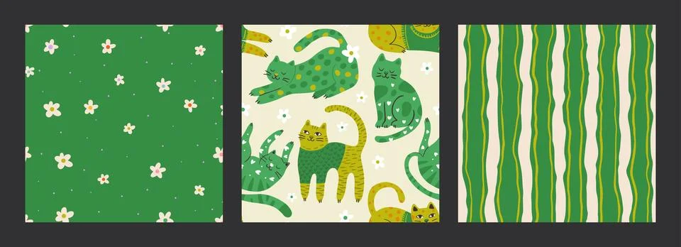 Whimsical Cat Cute Doodle Vector Seamless Pattern Set With Floral Daisy Flower 库存插图