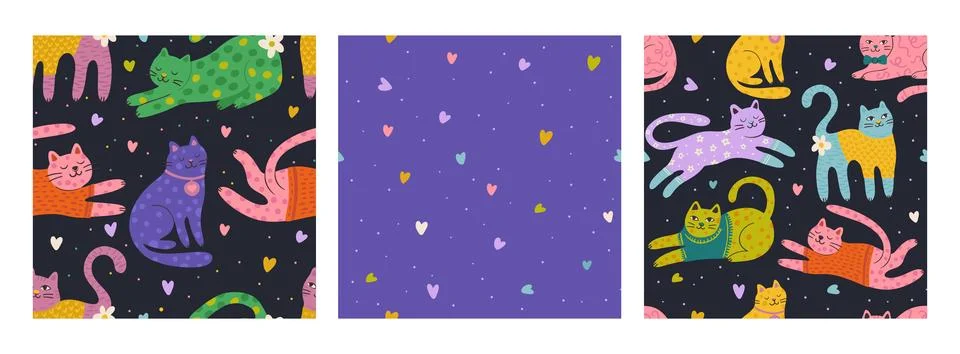 Whimsical Cat Cute Doodle Vector Seamless Pattern Set With Colorful Heart Kids Stock Illustration