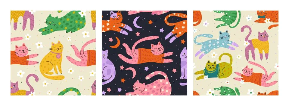 Whimsical Cat Cute Doodle Vector Seamless Pattern Set With Colorful Daisy Flower Stock Illustration