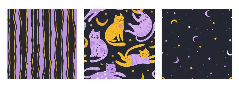 Whimsical Cat Cute Doodle Vector Seamless Pattern Set With Colorful Daisy Flower Illustrazione stock