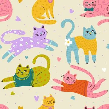 Whimsical Cat Cute Pet Seamless Pattern Love Heart Background Magic Vector .. 库存插图