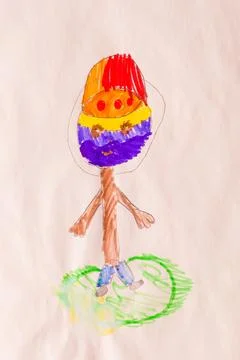 Whimsical character with a large multicolored head made by child using felt t Stock Illustration