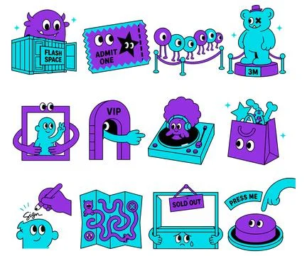 Whimsical Characters and Objects in a Grid Layout Stock Illustration