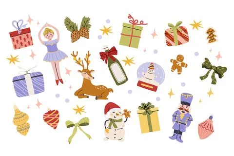 Whimsical christmas cute elements - bows, spruce branches, gift boxes イラスト素材