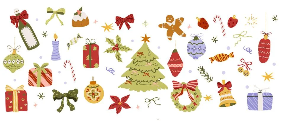 Whimsical christmas doodle elements - bows, fir tree, xmas plants and gifts Stock Illustration
