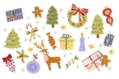 Whimsical christmas festive elements - bows, spruce trees, wreath and knots, Stock Illustration