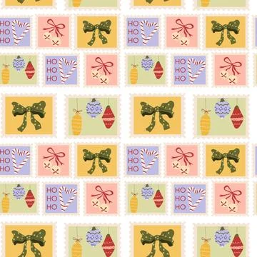 Whimsical Christmas postage stamp seamless pattern with candy canes, イラスト素材