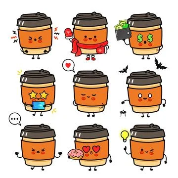 Whimsical Coffee cup characters display varied emotions in a cute, cartoon-.. Illustrazione stock