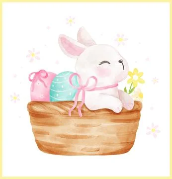 Whimsical Coquette Easter bunny with ribbon bow in basket egg watercolor ad.. Stock Illustration