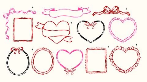 Whimsical coquette frames and border outline wavy hand drawn with vintage r.. イラスト素材