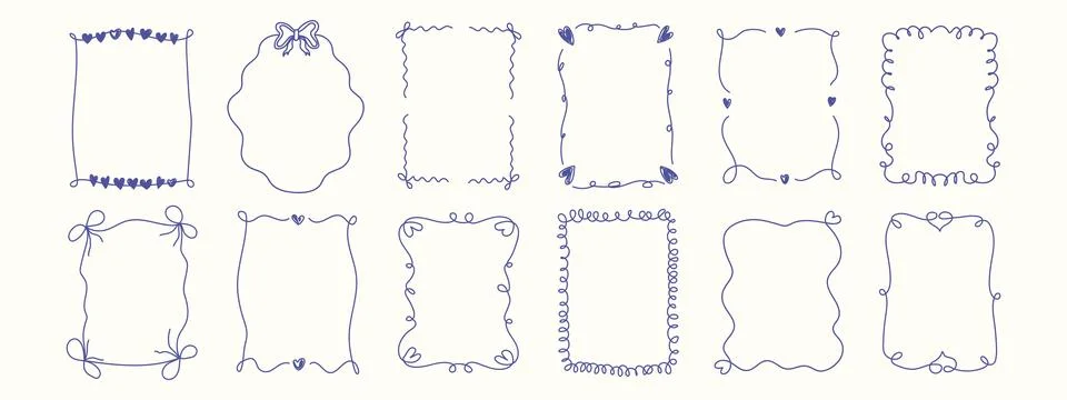 Whimsical coquette frames and doodle ribbon borders. Vintage French style h.. Stock-Illustration