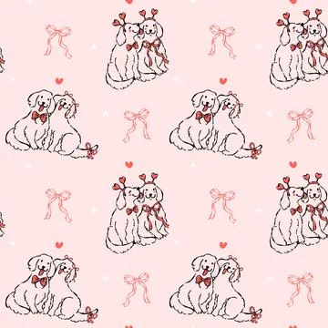 Whimsical Coquette Valentine Seamless Pattern Golden Retriever Dog Couple O.. 库存插图