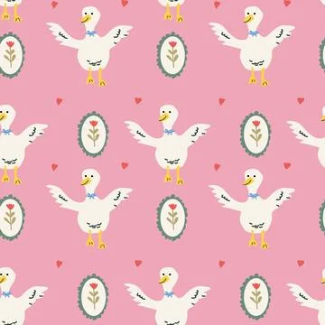 Whimsical cottage core pattern with ducks and floral elements Illustrazione stock