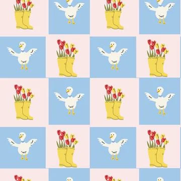 Whimsical cottage decor pattern with ducks and flower-filled boots Illustrazione stock