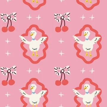 Whimsical cottagecore pattern with ducks and cherries for creative projects Stock Illustration
