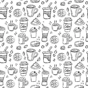 A whimsical design pattern that showcases a variety of beverages and desserts Stock Illustration