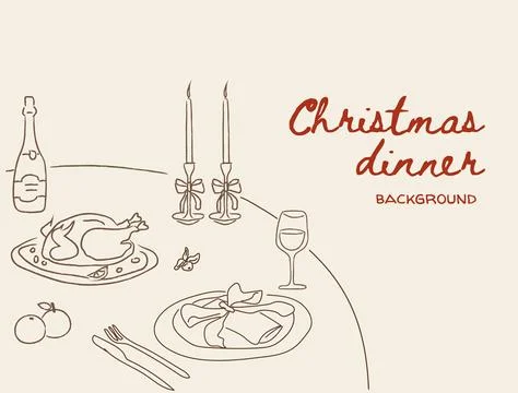 Whimsical doodle Christmas dinner table scene with festive roast turkey, candles Stock Illustration