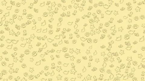 Whimsical doodle pattern of cute animals and stars on a soft yellow backgroun Видео 343552048