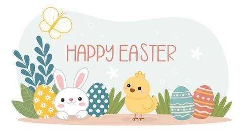 Whimsical Easter banner design featuring rabbit, chick and Easter eggs. Vec.. Stock-Illustration