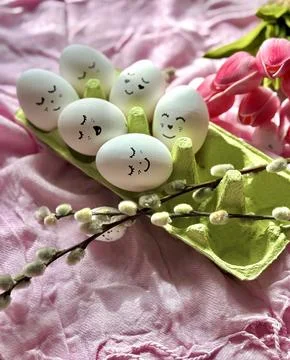 Whimsical Easter Composition with Flowers Stock Photos