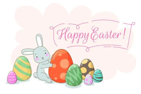 Whimsical Easter Postcard featuring a bunny and patterned eggs. Illustrazione stock