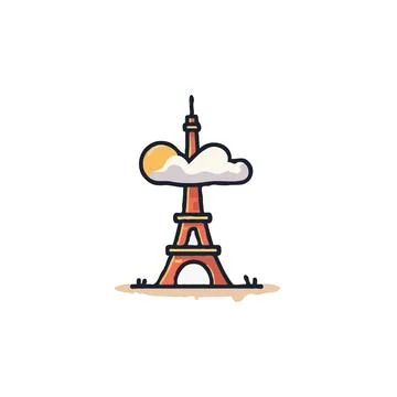 Whimsical eiffel tower under a sunny cloud in a bright cheerful cartoon ren.. イラスト素材