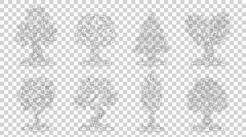 Whimsical fantasy tree illustrations in elevation view on transparent Stock Illustration