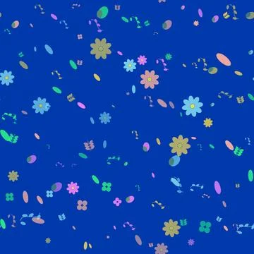 Whimsical floral and candy pattern with pastel shapes on a deep blue backgr.. Stock Illustration