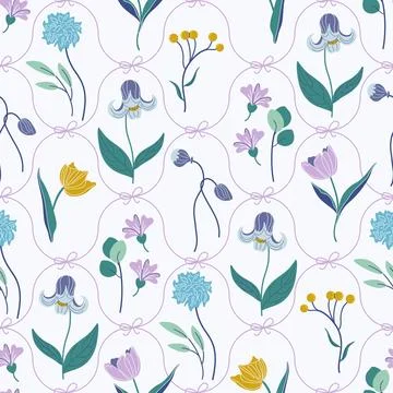 Whimsical floral seamless pattern. Cute coquette wildflower background. Stock Illustration