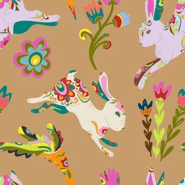 Whimsical folk art. A seamless pattern in a naive, fairytale style with a ric Stock Illustration