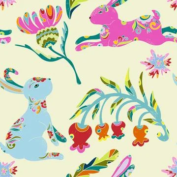 Whimsical folk art. A seamless pattern in a naive, fairytale style with a ric Stock Illustration