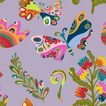 Whimsical folk art. A seamless pattern in a naive, fairytale style with a ric イラスト素材