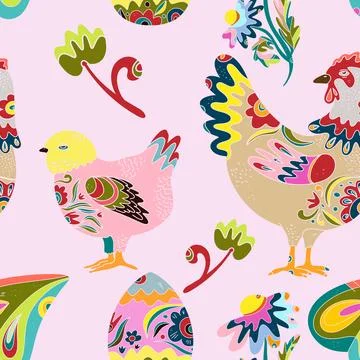 Whimsical folk art. A seamless pattern in a naive, fairytale style with a ric Stock Illustration