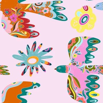 Whimsical folk art. A seamless pattern in a naive, fairytale style with a ric Stockillustratie