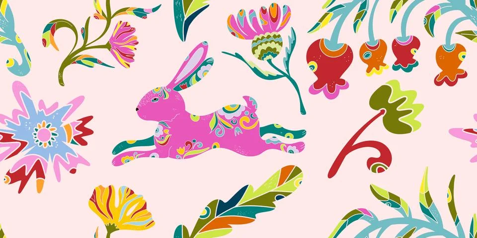 Whimsical folk art. A seamless pattern in a naive, fairytale style with a ric イラスト素材
