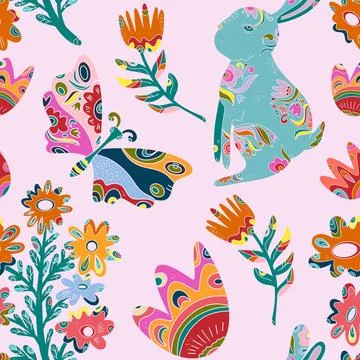 Whimsical folk art. A seamless pattern in a naive, fairytale style with a ric イラスト素材
